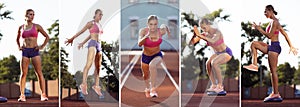 Composite image of photos of young woman, professional athlete training at running track, outdoors. Sport, training