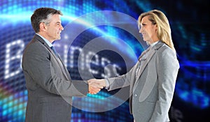 Composite image of pleased businessman shaking the hand of content businesswoman