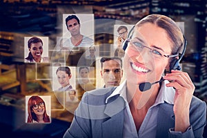Composite image of portrait of a call center executive wearing headset