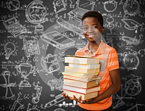 Composite image of portrait of cute boy carrying books in library