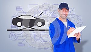 Composite image of portrait of happy male mechanic writing on clipboard