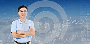 Composite image of portrait of happy man with arms crossed