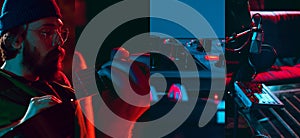 Composite image with portrait of male musician and musicv equipment on dark background in red neon light. Concept of