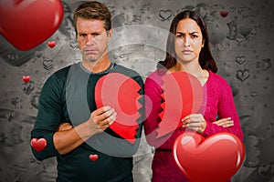 Composite image of portrait of serious couple holding cracked heart shape 3d