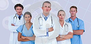 Composite image of portrait of serious doctors standing with arms crossed