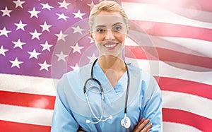 Composite image of portrait of a smiling confident female doctor