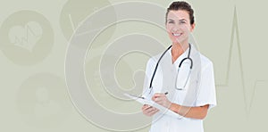 Composite image of portrait of smiling female doctor writing on clipboard