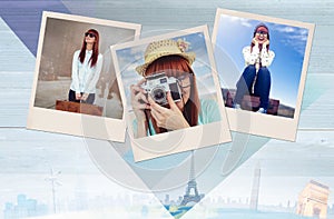 Composite image of portrait of a smiling hipster woman holding retro camera