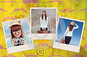 Composite image of portrait of a smiling hipster woman holding retro camera