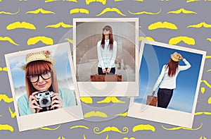 Composite image of portrait of a smiling hipster woman holding retro camera