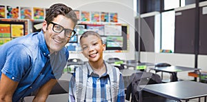 Composite image of portrait of smiling male teacher with student