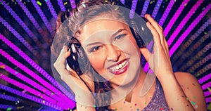 Composite image of pretty female dj playing music