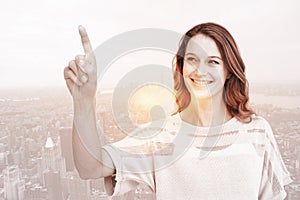 Composite image of pretty woman pointing with her finger