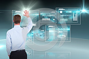 Composite image of rear view of businessman in shirt waving