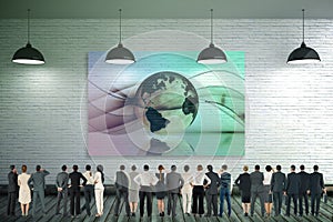 Composite image of rear view of multiethnic business people standing side by side