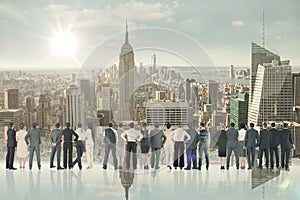 Composite image of rear view of multiethnic business people standing side by side