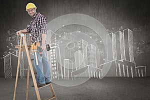 Composite image of repairman climbing ladder while holding power drill