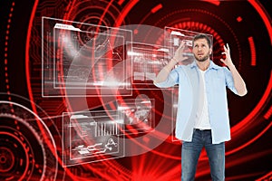 Composite image of reproachful man looking up