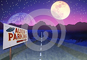 Composite image of a road sign reading Alien Parking and a road leading to distant mountains under an alien sky