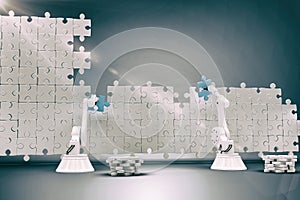 Composite image of robotic arms setting up blue jigsaw piece on puzzle 3d
