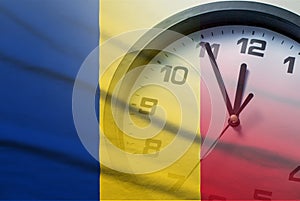 Composite image of the Romania flag and clock