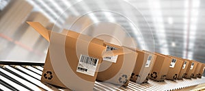 Composite image of row of brown boxes on conveyor belt