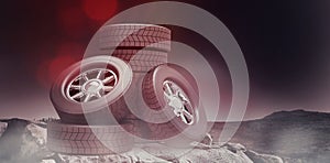 Composite image of row of tyres 3d