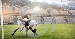 Composite image of rugby fans in arena and 3d