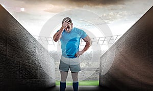 Composite image of rugby player after a loss