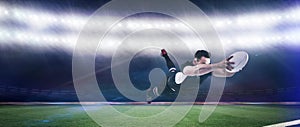 Composite image of rugby player scoring a try