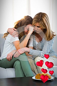 Composite image of sad family and floating love hearts 3d
