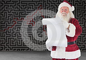 Composite image of santa claus holding a list against maze on grey background