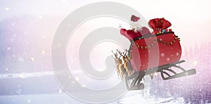 Composite image of santa claus riding on sled with gift box