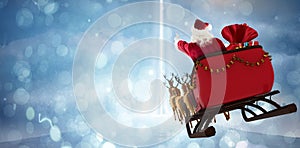 Composite image of santa claus riding on sled with gift box