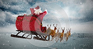 Composite image of santa claus riding on sleigh during christmas