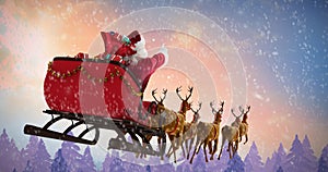 Composite image of santa claus riding on sleigh with gift box