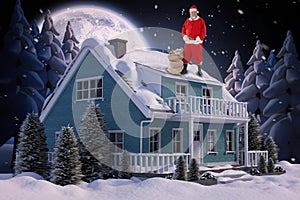 Composite image of santa claus standing with bag of gifts