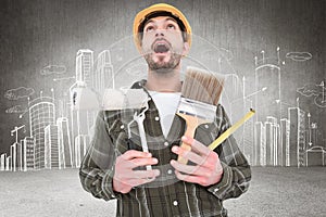 Composite image of screaming manual worker holding various tools