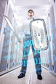 Composite image of shiny blue binary code on black background