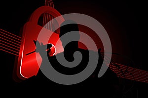 Composite image of shiny red lock on black background