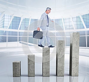 Composite image of side view of businessman walking with briefcase over white background