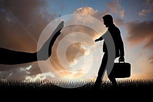 Composite image of side view of businessman walking with briefcase over white background