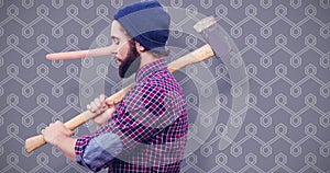 Composite image of side view of hipster with axe