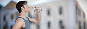 Composite image of side view of young man drinking water