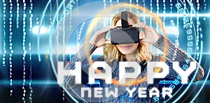 Composite image of smiling blond woman using virtual reality headset