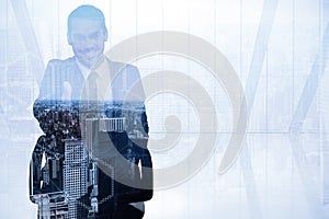 Composite image of smiling businessman on an chair office offering handshake