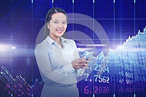 Composite image of smiling businesswoman using her smartphone