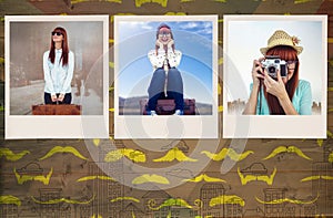 Composite image of smiling hipster woman holding suitcase