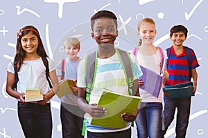 Composite image of smiling little school kids in school corridor