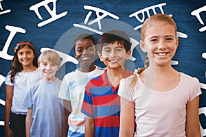 Composite image of smiling little school kids in school corridor